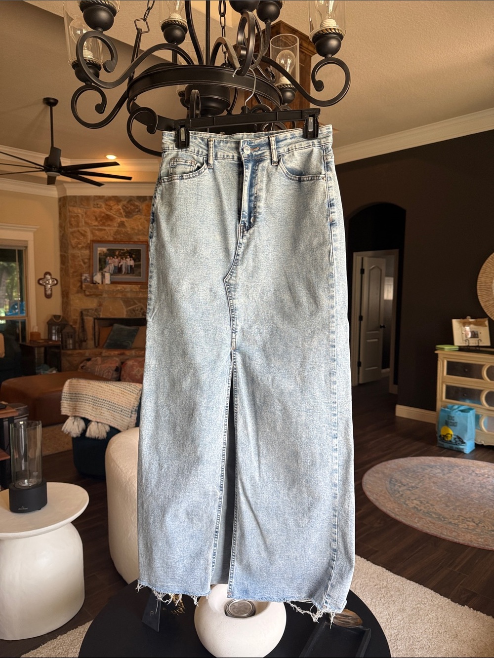 Light Blue High-Rise Denim Maxi Skirt with Front Slit